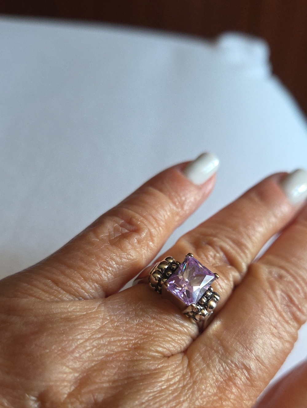 Square-Cut Purple Gemstone Fashion Ring in Silver-Tone